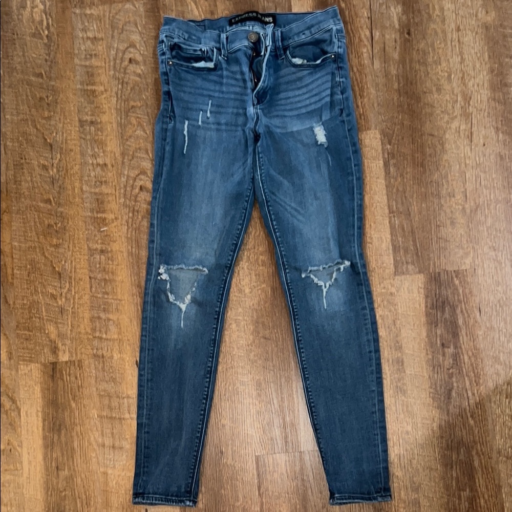 Express Blue Skinny Jeans with Distressed Details
